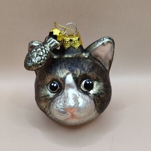 Old World Christmas Tabby Cat Glass Blown Cat Ornament with Fish - Gray and Gold